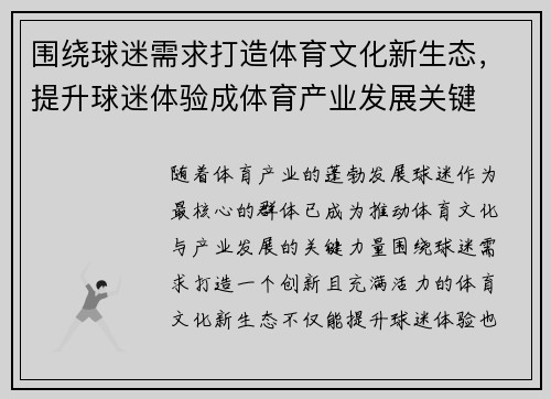 围绕球迷需求打造体育文化新生态，提升球迷体验成体育产业发展关键
