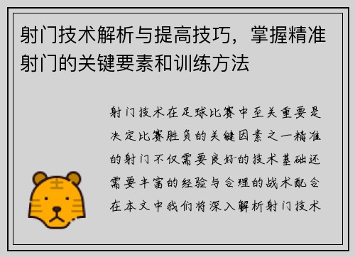 射门技术解析与提高技巧，掌握精准射门的关键要素和训练方法
